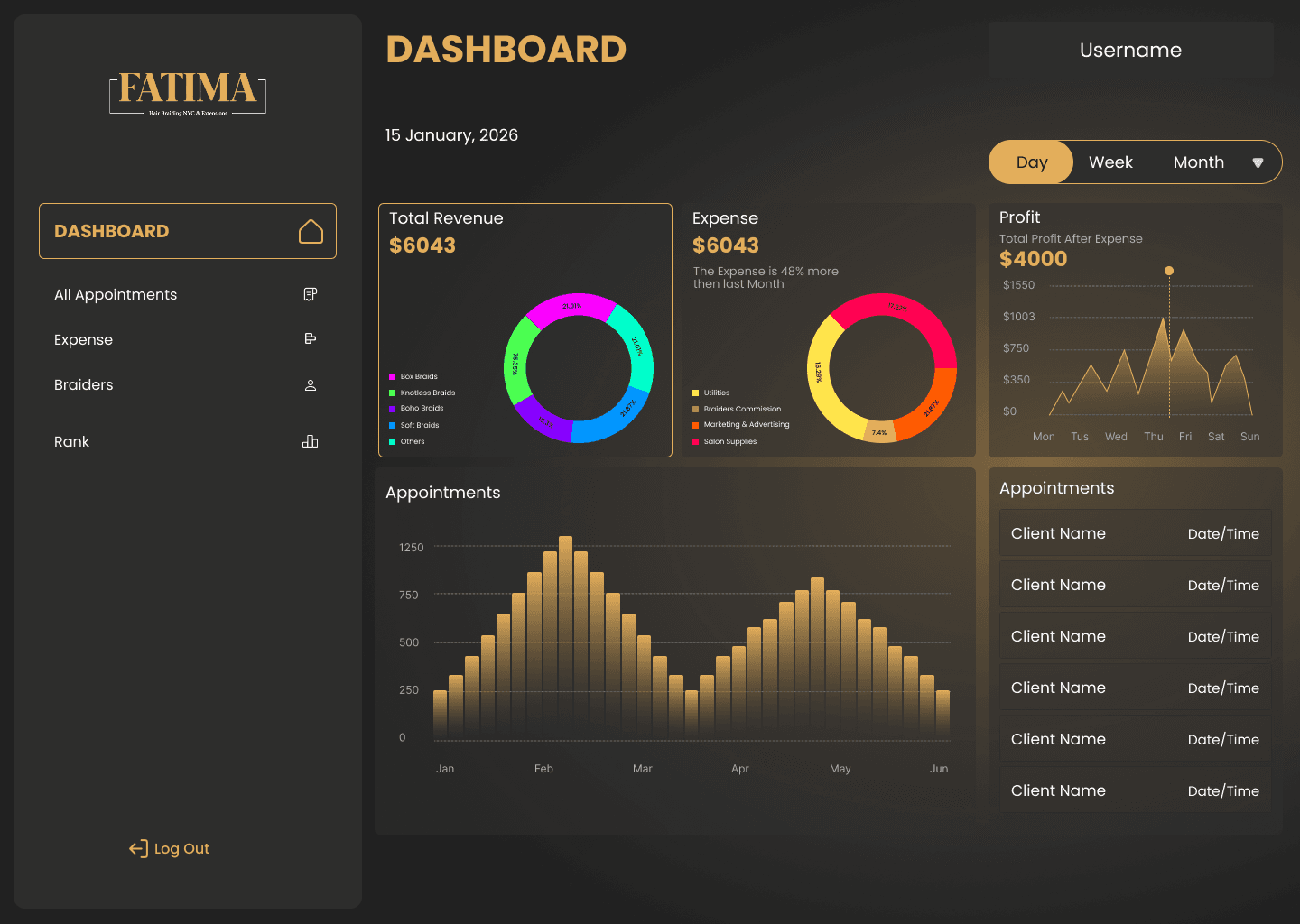 CRM Fatima Hair Braiding dashboard