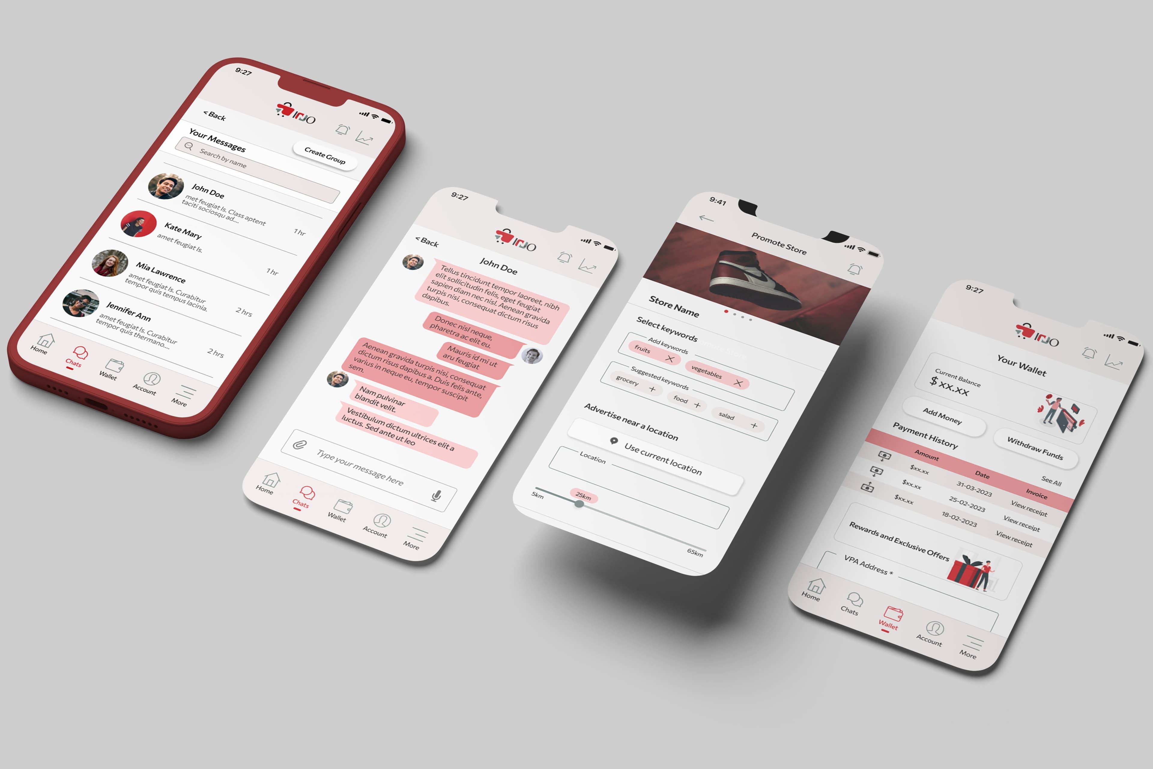 Trello Mart mobile messaging and wallet screens