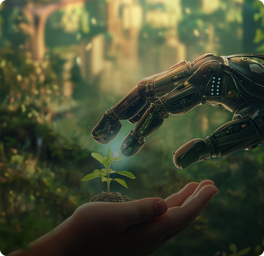 Precision farming robot hand caring for a plant